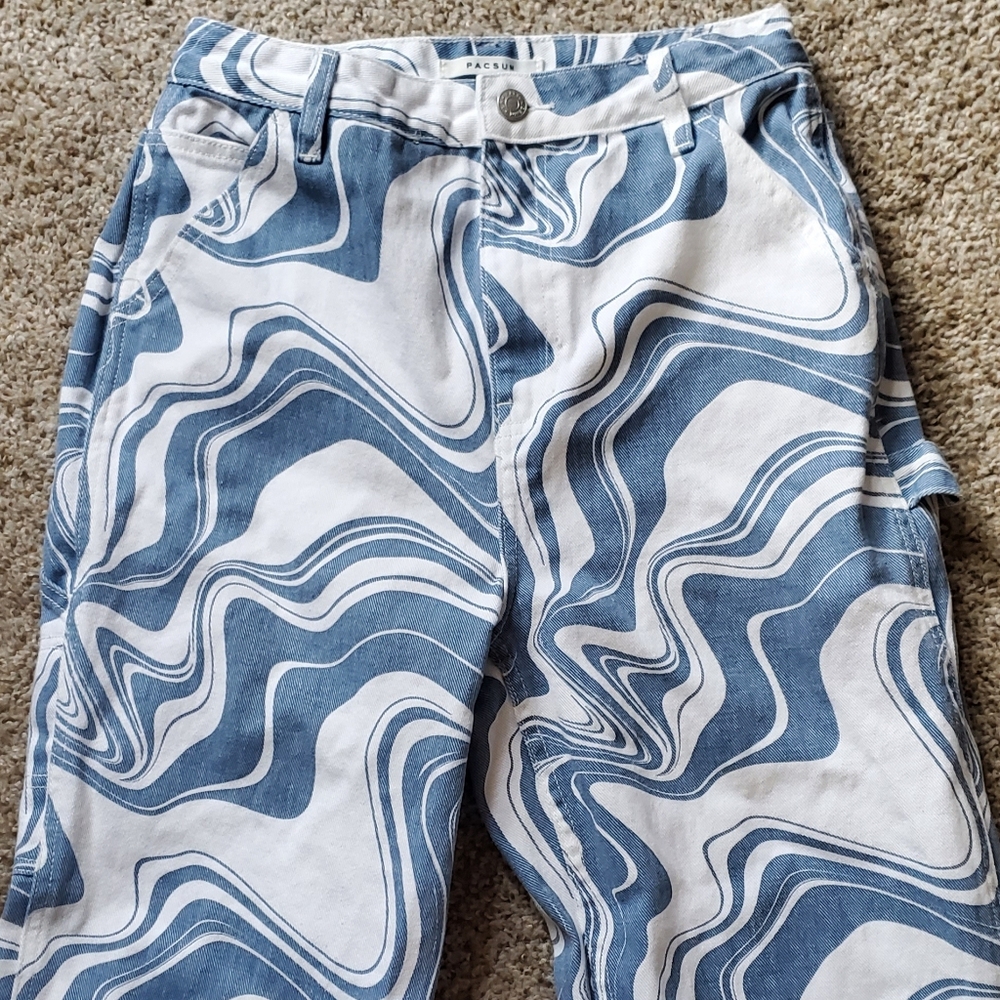 PacSun Swirl Print Carpenter Pants - Blue & White